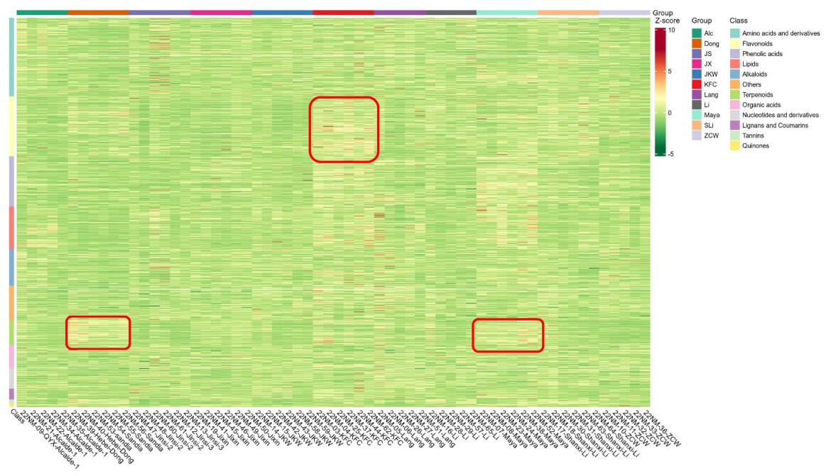Heatmap of metabolite abundance across plant cultivars and metabolite classes in plant metabolomics analysis